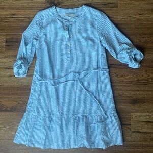 LOFT Striped Tab Sleeve Button Flounce Dress Small Petite